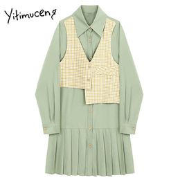 Yitimuceng Patchwork Folds Fake 2 Pieces Dresses Women Pleated Spring Square Collar Single Breasted Loose Waist Office Lady 210601