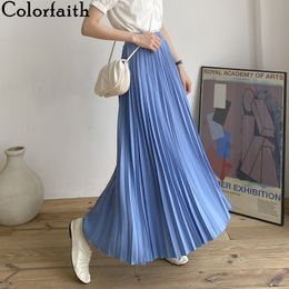 Colorfaith Women Casual Chiffon Maxi Skirt Spring Summer Pleated Multi Colours Fashion Flared High Waist Long Skirts SK1075 210309