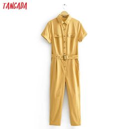 Tangada Women summer khaki solid cotton jumpsuit with belt short Sleeve pocket female boyfriend style Jumpsuit JA03 210609