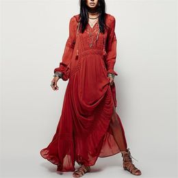 TEELYNN long sleeve maxi dresses women tunic cover up red floral embroidery v neck tassel long dress Casual loose boho vestidos 210316