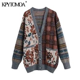 KPYTOMOA Women Fashion Loose Jacquard Knitted Cardigan Sweater Vintage Long Sleeve Pockets Female Outerwear Chic Tops 210914
