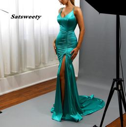 Vestido De Festa Mermaid Teal Evening Dresses Long 2023 Satin V-Neck Robe De Soiree Sexy Side Slit Abiye Gece Elbisesi