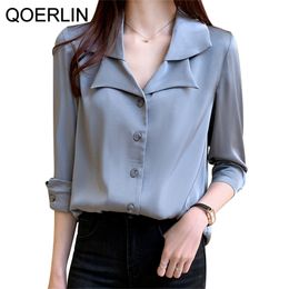 Double Turn-Down Collar Blouse Ladies Satin Shirt Women Tops Autumn Spring Loose Long Sleeve Chiffon Plus Size 210601