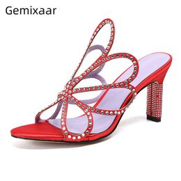 Drill Diamond Network High Heel Slippers Women Luxury Satin Strange Heel Open Toe Cut Out Rhinestone Flower Summer Shoes Woman Q0623