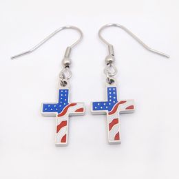 DICARLUN American Flag Cross Earrings Stainless Steel Religious Jewelry Usa Flag Drop Earrings Patriotic Christian Wedding Gift X0709 X0710