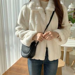 Rimocy Sweet White Women's Faux Fur Coat Winter Thick Warm Long Sleeve Overcoat Woman Korean Rabbit Plush Jacket Female 211220