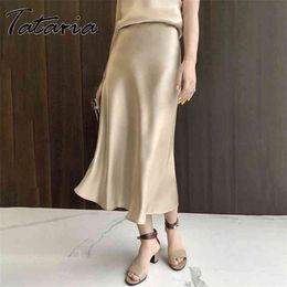 Tataria Silk Satin Skirts for Women High Waisted A-Line Elegant Summer Pink Midi Korean Style 210629