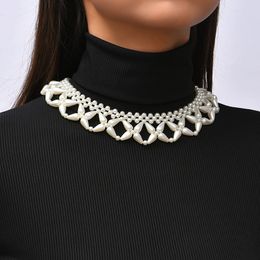 Creative Design Female Handmade Beaded Weave Geometric White Imitation Pearl Chokers Necklaces For Women Party Wedding Jewelry