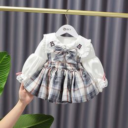 Toddler Princess clothing sets Fall Girl Lolita outfits Autumn dress college cute kids cartoon embroider shirt +plaid pleated suspenders skirt 2pcs suits S1603