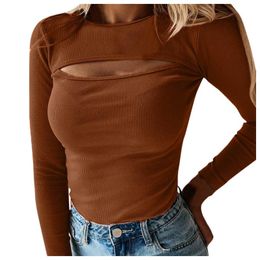 Women's Blouses & Shirts Women Knitted Blouse Autumn Sexy Hollow Chest Cutout Long-sleeved Ribbed Tops Solid Elegant Plus Size Basic Shirt