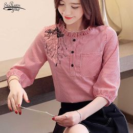 Spring Blusas Mujer Women Blouses Embroidered Striped Shirts 3/4 Sleeves Chiffon Shirts Pocket Button Womens Clothing 210527