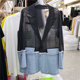[EWQ] Korea Chic Temperament Fashion Casual Lapel Stitching Loose Long-sleeved Sunscreen Suit Jacket Women Summer 16E375 211006