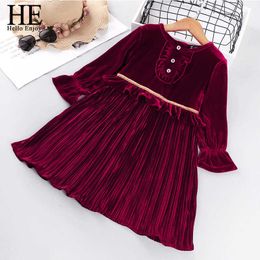 HE Hello Enjoy Autumn Winter 2020 Girls Dress Girls Red New Year Dresses Long Sleeve Velvet Solid Sweet Baby Vestido Clothes Q0716