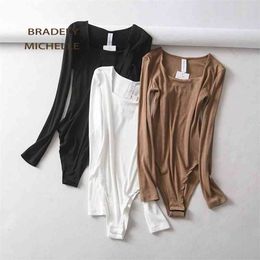 BRADELY MICHELLE Sexy Women Slim Long Sleeve Cotton Tops Bodysuits With Hidden Button 210728