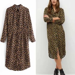 Za Leopard Print Shirt Dress Women Long Sleeve Vintage Print Midi Dresses Woman Chic Front Button Chiffon Vestidos 210602