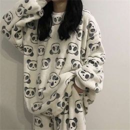 Women Pajama Set Autumn Winter Pajamas Flannel Cartoon Thicken Warm Long Sleeve Sleepwear 2 Pieces Suit Homewear 211215