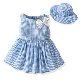 Summer Korean Girl Sleeveless Pure Color Plaid Dress With Hat Children's Seaside Holiday Birthday Party One Year Old Cute Dress