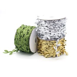 40 Meter Roll Artificial Silk Greenery Gold Leaf Vine Printed Gift Wrap Ribbon For Wedding Decoration Foliage DIY Craft Wreath