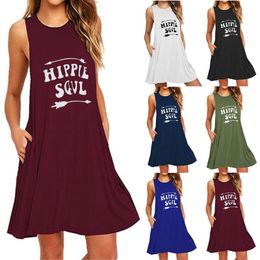 Casual Dresses Sexy Ladies Plus Size 2021 Summer Hippie Letters Printed Sleeveless Dress Beach Pocket A-line Slim Women Oversize