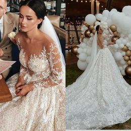 Elbiseler Dantel Uzun Kollu Boncuklu Kepçe Boyun Tül Özel Yapımı Şapel Tren Bahçesi Düğün Gelin Gown Vestido De Novia