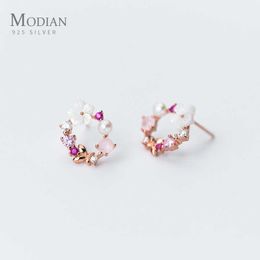 Original Brand Round Pink Flower Zircon Stud Earrings Fashion Charm Genuine 925 Sterling Silver Fine Jewelry Korean Gift 210707