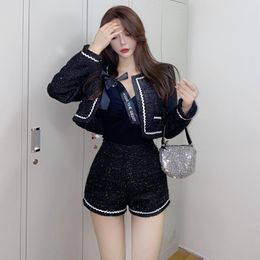 Women's Tracksuits Spring Autumn Elegant Long Sleeve Suits Ladies Retro Contrast O-neck Tweed Short Jacket+High Waist Shorts Two-Piece Sets