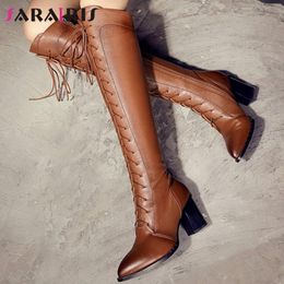 Boots SARAIRIS Brand Female Knee High Cross Tied Pointed Toe Thick Heels Women Autumn Retro Shoes Woman