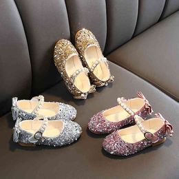 Sequin Girls Princess Shoes Bow Pearl Crystal Shoes Spring & Autumn Student Stage Shiny Dance Shoes For Girls Children 210713