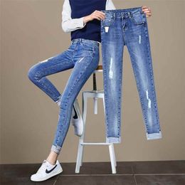 Fashion Plus Size Ripped Jeans For Women High Waist Hole Blue Elastic Pencil Pants Vintage Skinny Denim Nine Female 210809