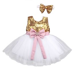 Bow-knot Sequin Baby Girl Christmas Dress Infant Baby Sleeveless Baptism tutu Gown Kids Dresses for Girls Party Clothing Size Q0716