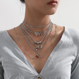 Pendant Necklaces 6Pcs/Set Fashion Multilayer Exaggerated Adjustable Women Silver Colour Cherry Dice Chain Necklace Girls Jewellery