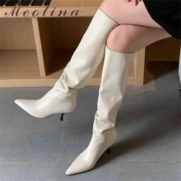 Meotina Pleated Real Leather High Heel Long Boot Shoes Pointed Toe Stiletto Heels Knee-High Autumn Winter Beige 43 210911