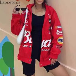 Autumn and Winter Sports Style Red Printed Casual Loose Long Sleeve Coat Jacket Women Coat Women Oversized Jackets for Women 210928