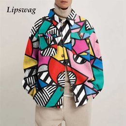 Fashion Autumn Vintage Print Turn-down Collar Shirts Loose Buttons Cardigan Jacket Men Casual Long Sleeve Coat Streetwear 211214