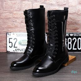 Wholesale-Boots British Fashion Motorcycle For Men Genuine Leather Shoes Cowboy High Boot Lace-up Long Botas Masculinas Zapatos De Hombre