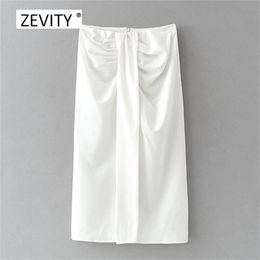 Zevity Women fashion solid Colour pleat knotted split casual slim A line skirt faldas mujer ladies chic back zipper skirts QUN645 210310