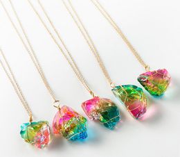 Rainbow Stone Pendant Necklace Jewelry Natural regular Quartz Stone Crystal Gemstone Necklaces Gift for Women Girl Friendly Gift