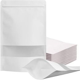 100pcs/lot White Kraft Stand Up Bags Reusable Zipper Paper Bag with Window For Snack Cookie Moisture proof Packing bag