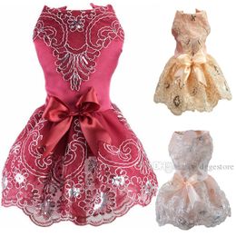 Dog Wedding Dress With Bow Dog Apparel Embroidered Dresses Puppy Cat Chihuahua Yorkies Princess Skirt Clothes Pet Birthday Party Costume for Spring Summer L A303