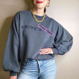 Letter Embroidered Sweatshirt Women Autumn Winter Puff Sleeve O Neck Cotton Pullover Casual Vintage Street Style Hoodie 210803