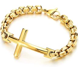 Mens Womens Stainless Steel Horizontal Sideway Lateral Cross Link Chain Bangle Bracelet Polished Silver/ Gold/ Multicolor 8mm 8.66 Inch