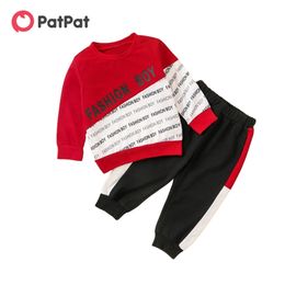 Arrival Autumn and Winter 2-piece Baby / Toddler Letter Colorblock Long-sleeve Pullover Pants Sets Kids Clothing 210528