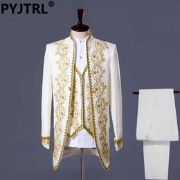 PYJTRL S-XXL Mens Classic Three Piece Embroidery Palace Stage Singer Wedding Suits Latest Coat Pant Designs Costume Homme X0909