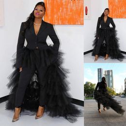 Black Charming Prom Dress Jumpsuits Formal Long Sleeve Evening Party Gowns With Detachable Train African Pageant Dresses Robe de soiree