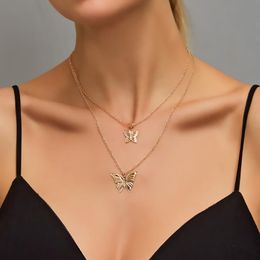 Pendant Necklaces Fashion Two-layer Butterfly Necklace Women's Temperament Hollow Clavicle Chain Sweater Jewellery