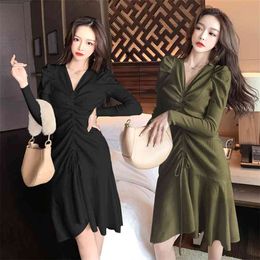 winter knit sweater pleated dress Korea Ladies Long SLeeve V neck causal Party Midi Dresses 210602