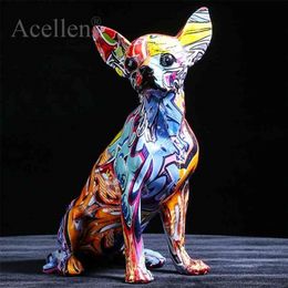 Creative Colour Chihuahua Dog Statue Resin sculpture Crafts Simple Living Room Ornaments Home Office Store Decors Decorations 210924