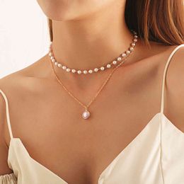 LATS 2021 Fashion Kpop Pearl Choker Necklace Cute Double Layer Chain Pendant for Women Trendy Jewellery Girl Gift Whole