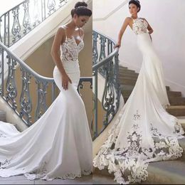 New style Gorgeous Mermaid Wedding Dresses 2021 Spaghetti Straps Lace Embroidery Backless Sweep Train Bridal Gown