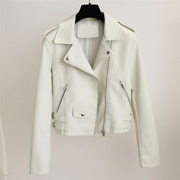 White Faux Leather Jacket Women Slim Turn Down Collar Rivet Short Coat Spring Autumn Ladies Biker Motorcycle 210525